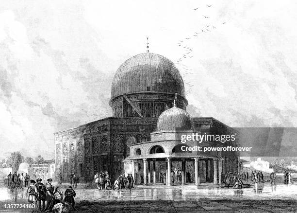 bildbanksillustrationer, clip art samt tecknat material och ikoner med dome of the rock on temple mount in jerusalem, israel, drawing by frederick catherwood - ottoman empire 19th century - palestina