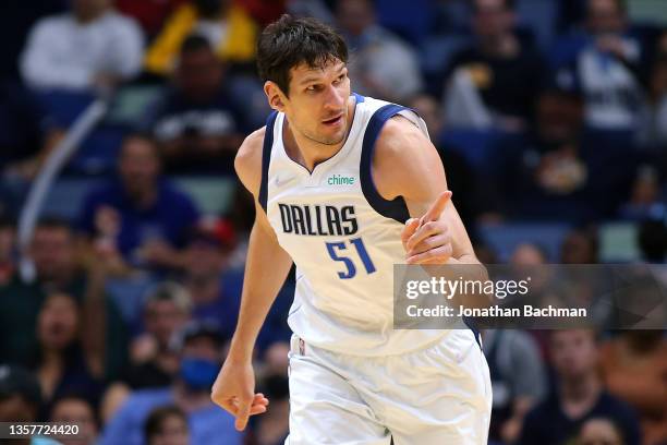 Boban Marjanovic of the Dallas Mavericks reacts against the New Orleans Pelicans during the first half at Smoothie King Center on December 01, 2021...