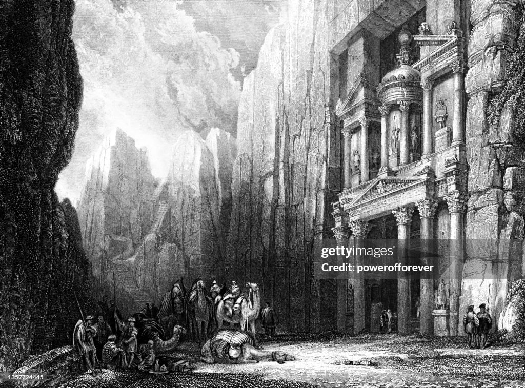 Al-Khazneh (The Treasury) at Petra in Jordan, Drawing by David Roberts - Ottoman Empire 19th Century