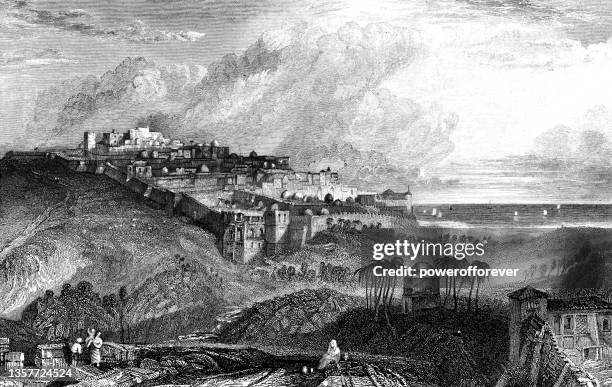 the old port at jaffa in israel, drawing by j. m. w. turner - ottoman empire 19th century - tel aviv stock illustrations