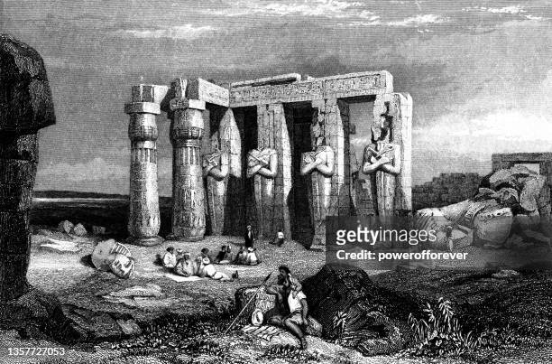 the fallen ozymandias colossus at the ramesseum in luxor, egypt, drawing by clarkson frederick stanfield - ottoman empire 19th century - egyptian artifacts stock illustrations