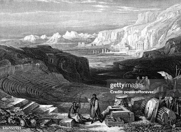 en-nejr (the theatre) at petra in jordan, drawing by david roberts - ottoman empire 19th century - petra theatre stock illustrations