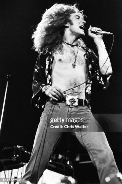 Singer Robert Plant of Led Zeppelin performs at Earls Court on May 25th 1975 in London, England.