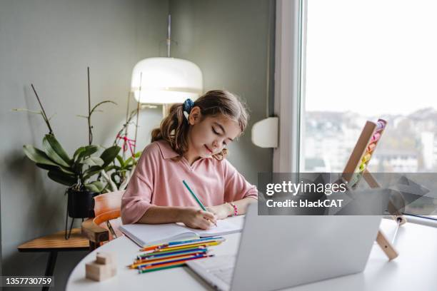 la niña está escribiendo la tarea - abacus computer fotografías e imágenes de stock