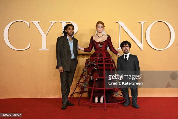 Kelvin Harrison Jr., Haley Bennett and Peter Dinklage attend the UK Premiere of "Cyrano" at Odeon Luxe Leicester Square on December 07, 2021 in...