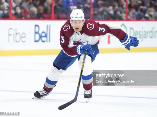 Jack Johnson of the Colorado Avalanche skates against the Ottawa Senators at Canadian Tire Centre on December 4, 2021 in Ottawa, Ontario, Canada.