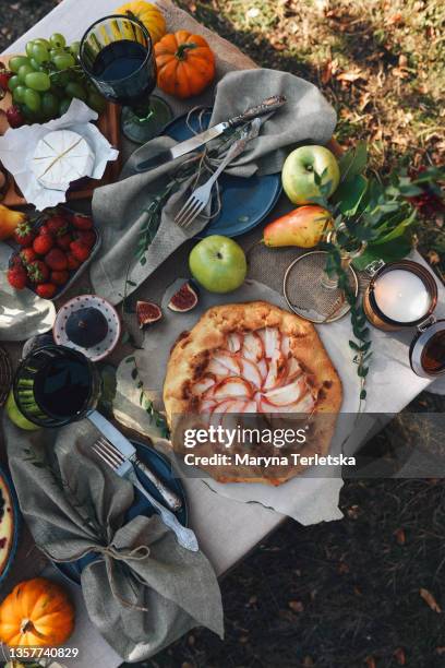 beautifully served autumn table in nature. - party pies foto e immagini stock