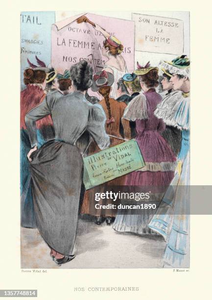 frauenrechtlerinnen hängen plakate auf, viktorianisch, französisch, 19. jahrhundert - women's suffrage stock-grafiken, -clipart, -cartoons und -symbole