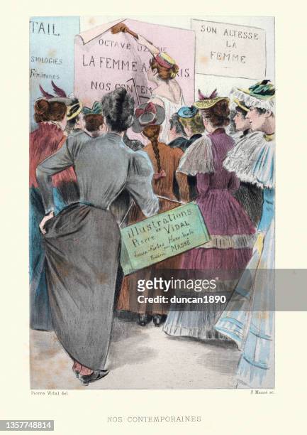 women's right activists putting up posters, victorian, french, 19th century - victorian woman stock illustrations
