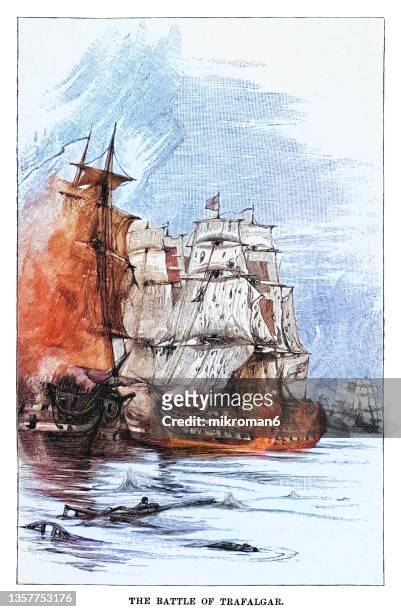 old engraved illustration of the battle of trafalgar (october 21, 1805), naval engagement between the british royal navy and the combined fleets of the french and spanish navies - old battleship stock pictures, royalty-free photos & images