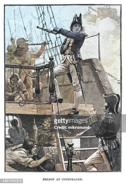 old engraved illustration of admiral sir horatio nelson holding a telescope, ignoring the order to retreat, battle of copenhagen (april, 1801) - admiral nelson stock pictures, royalty-free photos & images