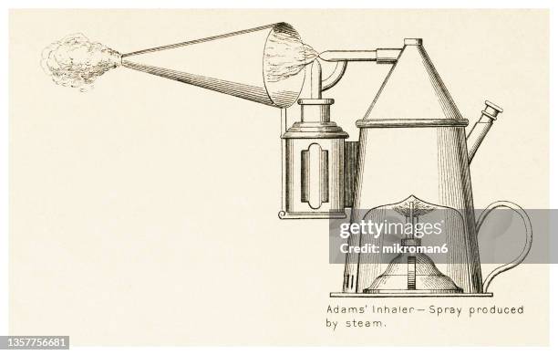 old engraved illustration of adam's inhaler - spray produced by steam - vintage illustration medical spray stock pictures, royalty-free photos & images