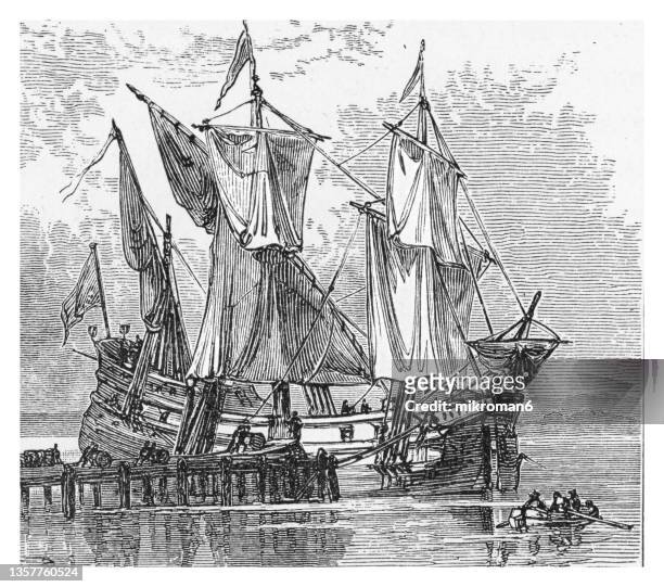old engraved illustration of english tobacco ships loading in the james river, virginia, (17th century) - british culture stock-fotos und bilder