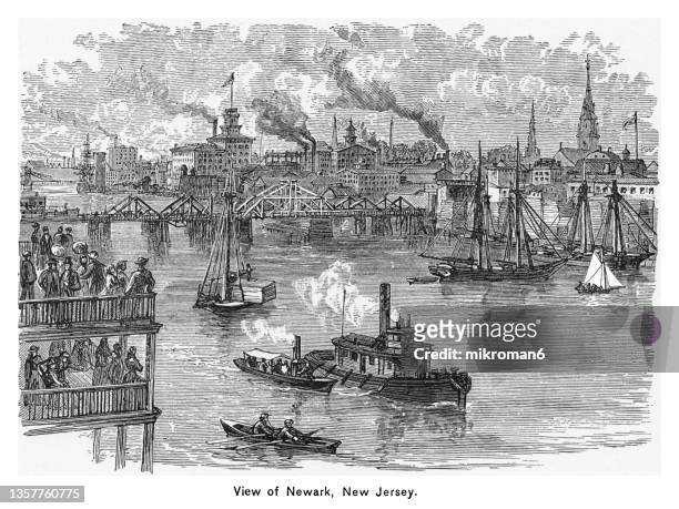 old engraved illustration of newark, city in new jersey - colonial style stockfoto's en -beelden