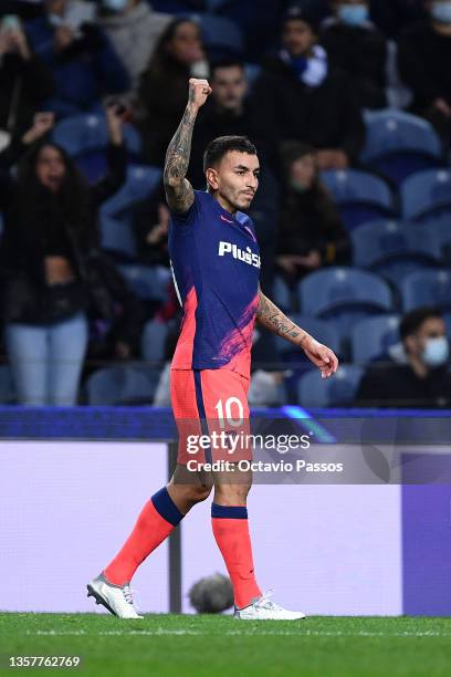 Angel Correa of Atletico Madrid celebrates after scoring their side's second goal during the UEFA Champions League group B match between FC Porto and...