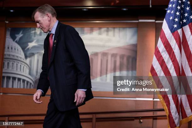 Rep. Paul Gosar departs from a news conference at the Capitol Building on December 07, 2021 in Washington, DC. Gosar and Reps. Marjorie Taylor Greene...