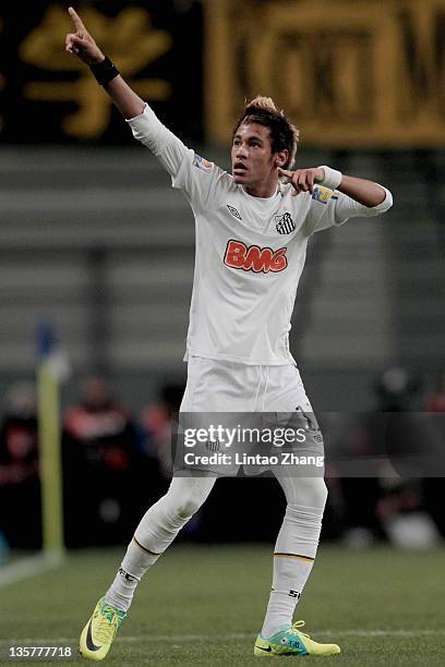 Neymar of Santos Futebol Clube celebrates his goal during the FIFA Club World Cup semi final match between Kashiwa Reysol and Santos at Toyota...