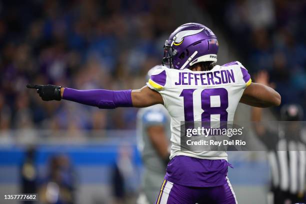 Justin Jefferson of the Minnesota Vikings reacts after a catch during the first half against the Detroit Lions at Ford Field on December 05, 2021 in...