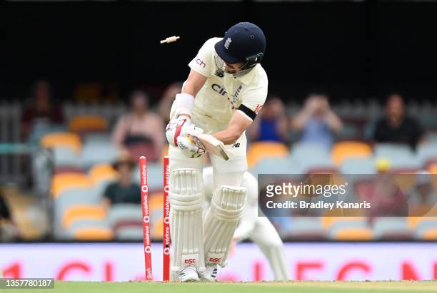 Rory Burns of England is clean bowled by Mitchell Starc of Australia during day one of the First Test Match in the Ashes series between Australia and...