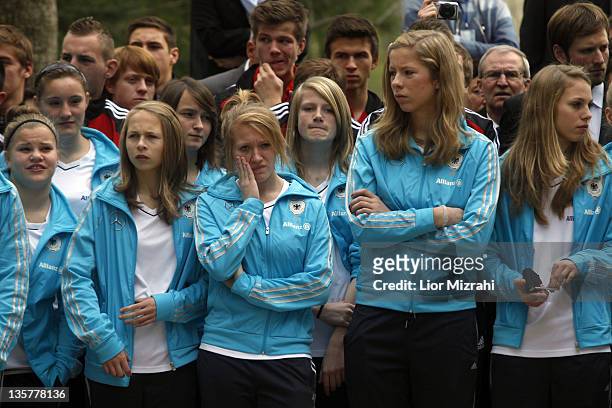 Members of the U16 women team of Germany are seen during a ceremony at the visit to Yad Vashem memorial of the holocaust Museum on December 14, 2011...