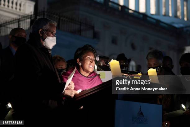 Rep. Sheila Jackson Lee delivers remarks at a “Vigil for Justice” on the steps to the U.S. Capitol on December 07, 2021 in Washington, DC. Congress...