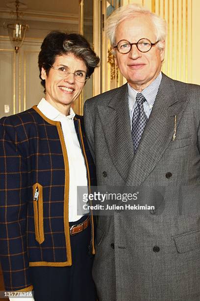 Valerie-Anne Giscard d'Estaing and her husband Bernard Fixot attend the Sylvie Vartan ceremony at Ministere de la Culture on December 14, 2011 in...