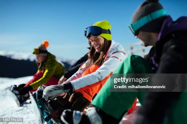 all smiles when she is with her friends - ski wear stock pictures, royalty-free photos & images