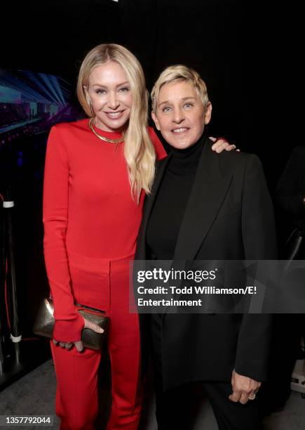Pictured: Portia de Rossi and Ellen DeGeneres pose backstage during the 2021 People's Choice Awards held at Barker Hangar on December 7, 2021 in...
