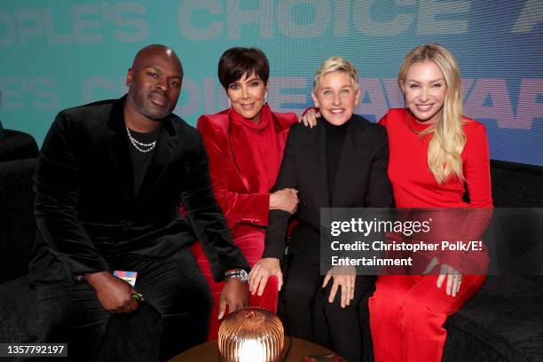 Pictured: Corey Gamble, Kris Jenner, Ellen DeGeneres, and Portia de Rossi pose during the 2021 People's Choice Awards held at Barker Hangar on...