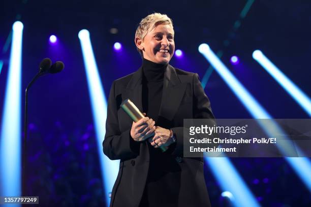 Pictured: Ellen DeGeneres accepts The Daytime Talk Show of 2021 award for ‘The Ellen DeGeneres Show’ on stage during the 2021 People's Choice Awards...