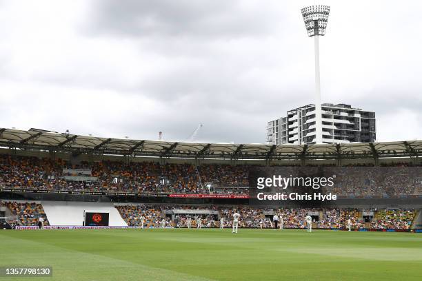 General view during day one of the First Test Match in the Ashes series between Australia and England at The Gabba on December 08, 2021 in Brisbane,...