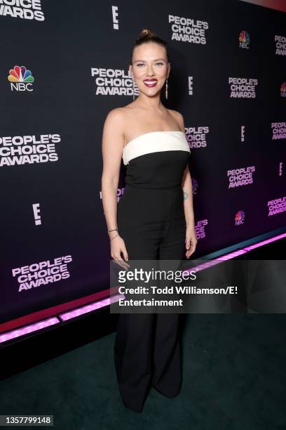 Pictured: Scarlett Johansson, recipient of The Female Movie Star of 2021 award, poses backstage during the 2021 People's Choice Awards held at Barker...