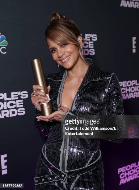 Pictured: Halle Berry, recipient of The People's Icon of 2021 award, poses backstage during the 2021 People's Choice Awards held at Barker Hangar on...