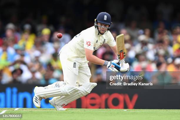 Ollie Pope of England bats during day one of the First Test Match in the Ashes series between Australia and England at The Gabba on December 08, 2021...