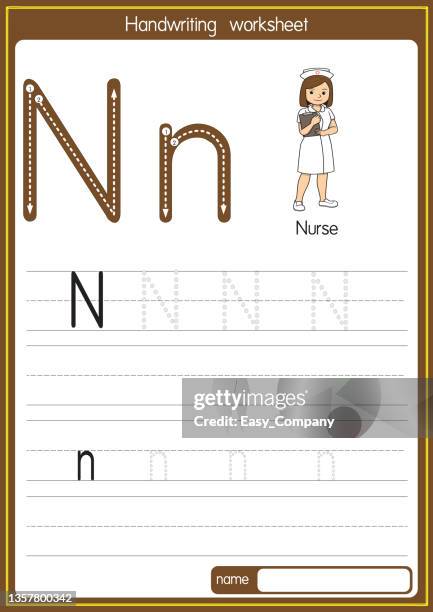 ilustrações de stock, clip art, desenhos animados e ícones de vector illustration of nurse with alphabet letter n upper case or capital letter for children learning practice abc - soletrar