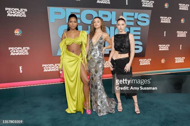 Carlacia Grant, Madison Bailey, and Madelyn Cline attend the 47th Annual People's Choice Awards at Barker Hangar on December 07, 2021 in Santa...