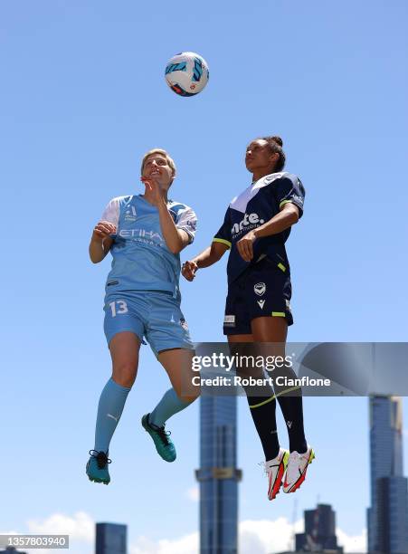 Rebekah Stott of Melbourne City and Lynn Williams of Melbourne Victory pose during an A-League Womens media opportunity at AAMI Park on December 08,...