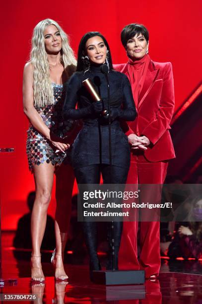 Pictured: Khloé Kardashian, Kim Kardashian West, and Kris Jenner accept The Reality Show of 2021 award for ‘Keeping Up With the Kardashians' on stage...