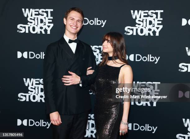 Violetta Komyshan and Ansel Elgort attend Disney Studios' premiere of "West Side Story" at El Capitan Theatre on December 07, 2021 in Los Angeles,...