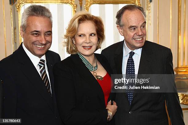 Sylvie Vartan is pictured with French Minister for Culture Frederic Mitterrand and Ambassador for Bulgaria Marin Raykov after being awarded...