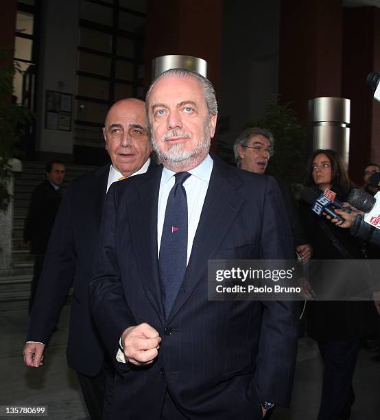 Adriano Galliani , President of AC Milan, and Aurelio De Laurentis, President of SSC Napoli, react after a "Tavolo Della Pace" Meeting on December...