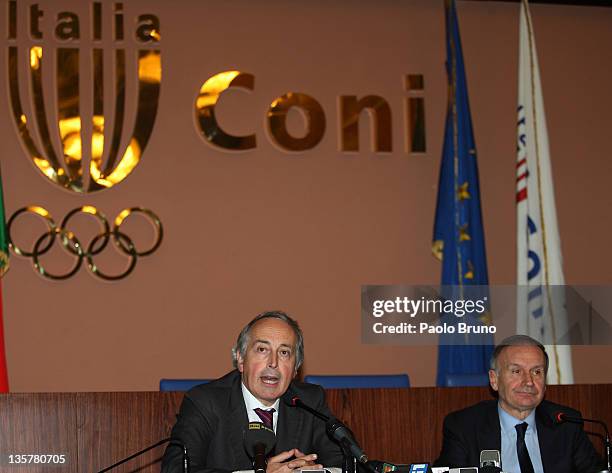 Giancarlo Abete , President of F.I.G.C and Gianni Petrucci, President of C.O.N.I., attend a "Tavolo Della Pace" Meeting on December 14, 2011 in Rome,...