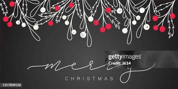 hand lettered christmas greeting with a doodle berry border - flowers chalk drawings stock illustrations