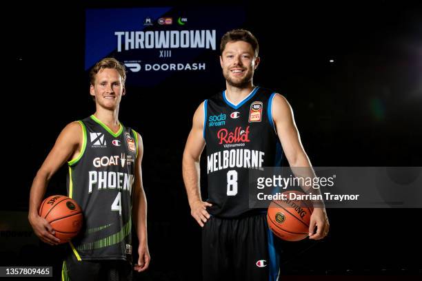 Kyle Adnam of the Phoenix and Matthew Dellavedova of Melbourne United pose for a photo during a Throwdown XIII NBL media opportunity at John Cain...