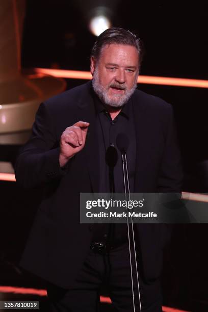 Russell Crowe speaks during the 2021 AACTA Awards Presented by Foxtel Group at the Sydney Opera House on December 08, 2021 in Sydney, Australia.