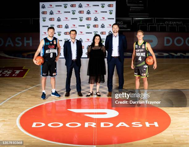 Matthew Dellavedova of Melbourne United , Melbourne United CEO Nick Truelson , Doordash Australia General Manager Rebecca Burrows, South East...