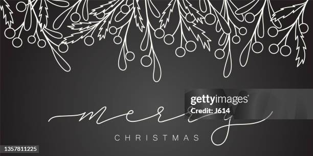 christmas greeting under a doodled winter berry border - black and white floral background stock illustrations