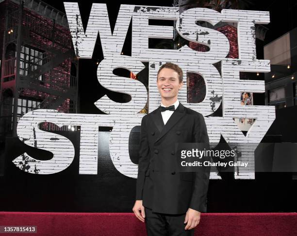 Ansel Elgort attends the Los Angeles premiere of West Side Story, held at the El Capitan Theatre in Hollywood, California on December 07, 2021.