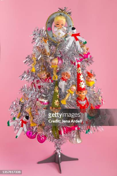 silver christmas tree on pink background with vintage ornaments - angel pink stock pictures, royalty-free photos & images
