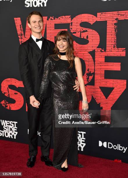 Ansel Elgort and Violetta Komyshan attend Disney Studios' Los Angeles Premiere of "West Side Story" at El Capitan Theatre on December 07, 2021 in Los...